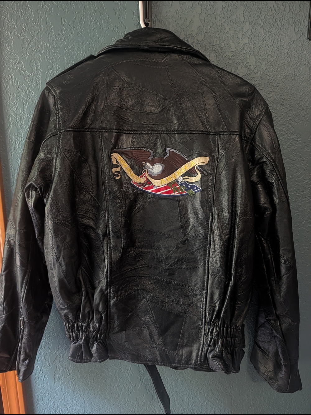 Black Leather Eagle Patch Jacket - Men's